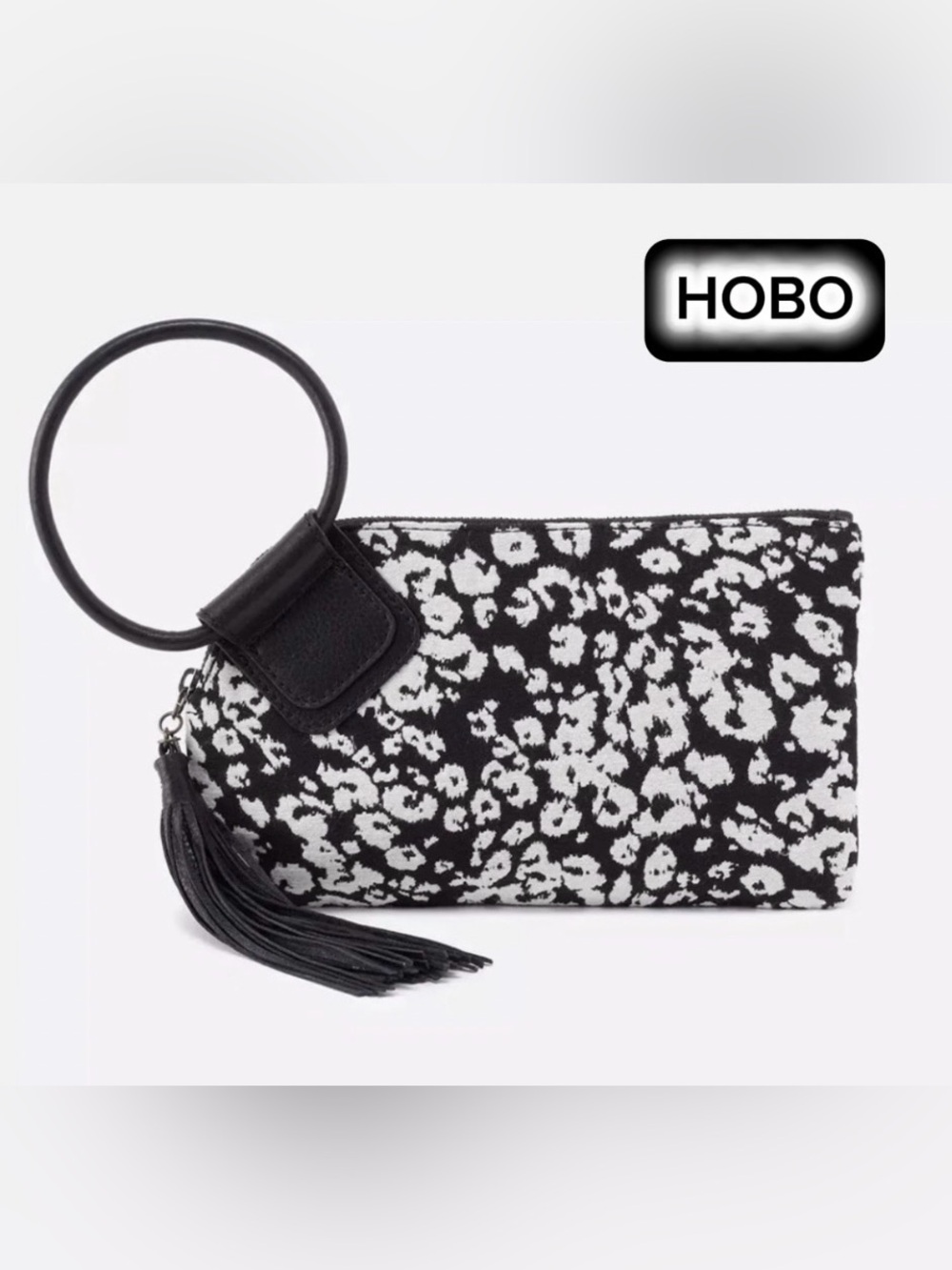 HOBO Sable Wristlet Black & White Leopard Print a Round Wrist Ring Tassel Zipper